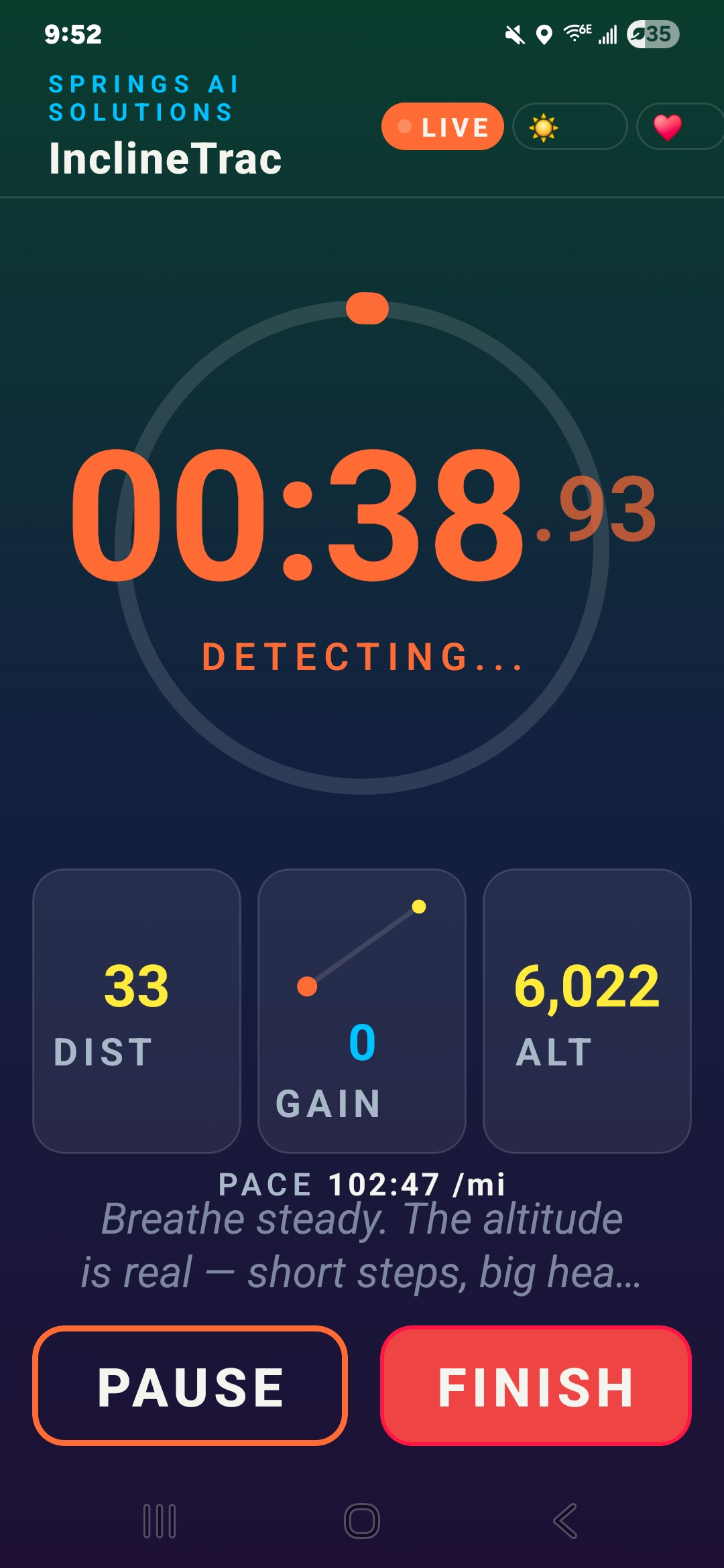 InclineTrac mobile app live GPS hiking tracking screen — Springs AI Solutions